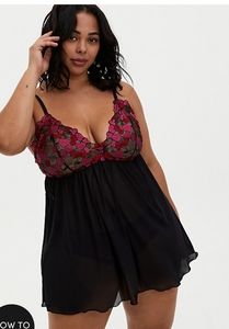 BLACK & PINK HEART EMBROIDERED MESH BABYDOLL